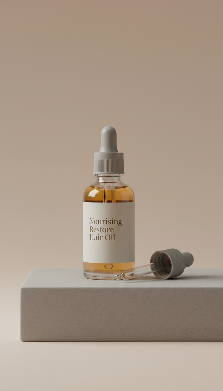 Nourishing Restore Hair Oil glass dropper bottle, Shoot glass dropper bottles in a hero 3/4 angle at eye-level on a matte...