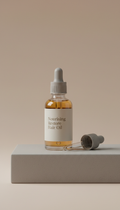 Nourishing Restore Hair Oil glass dropper bottle, Shoot glass dropper bottles in a hero 3/4 angle at eye-level on a matte...