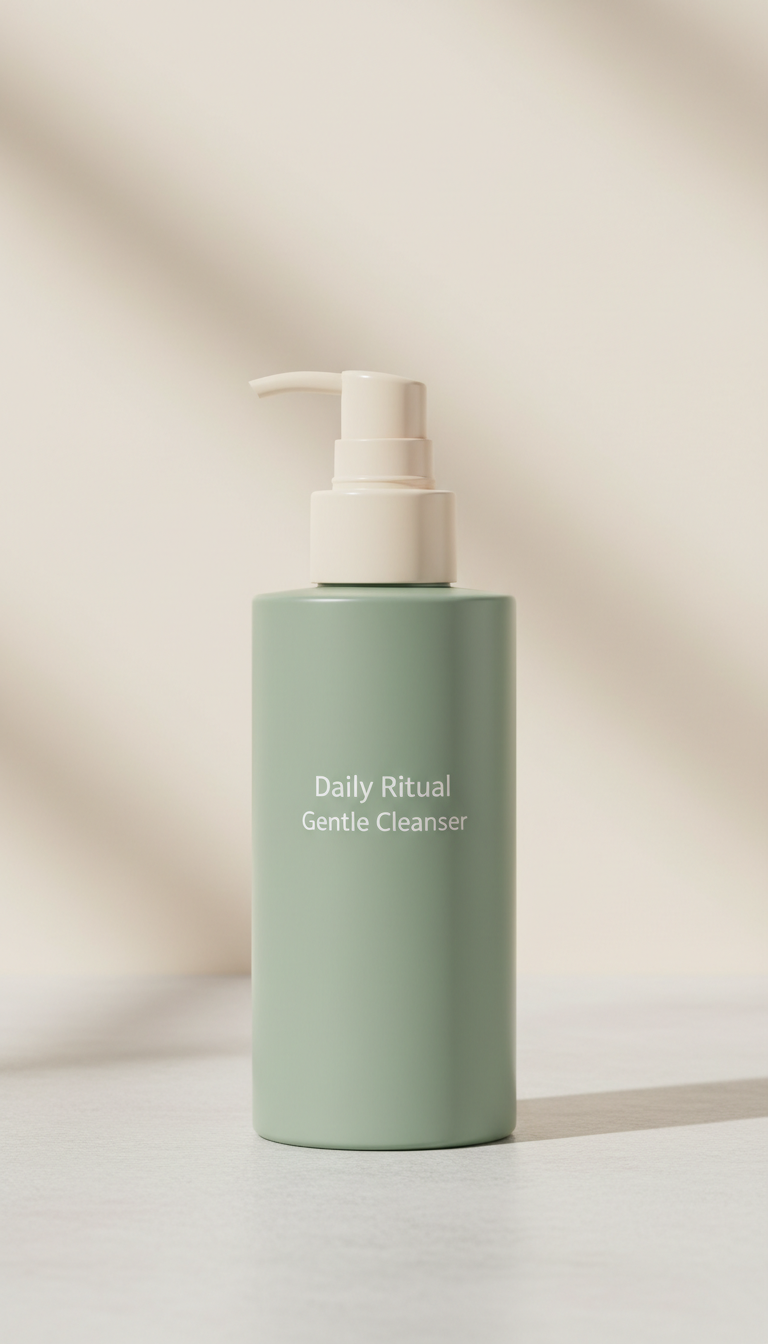 Daily Ritual Gentle Cleanser, Three-quarter angle as default for bottles and jars; camera positioned slightly above...