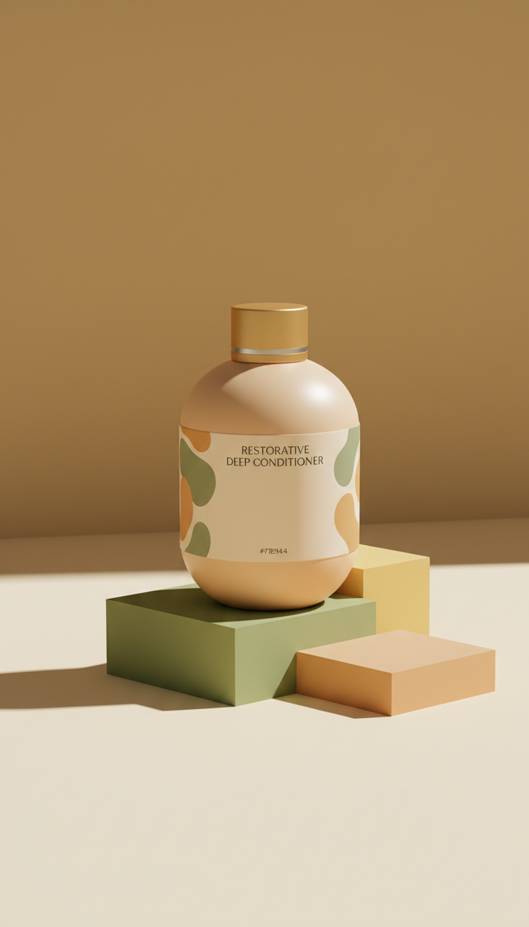 Restorative Deep Conditioner, Hero product angle: 3/4 view at slight high angle to showcase bottle shape, label detail,...