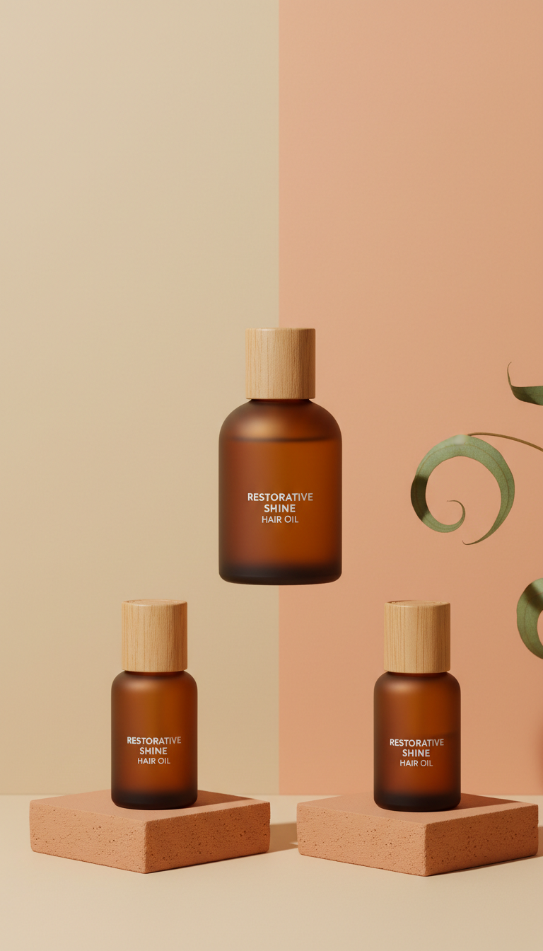 Restorative Shine Hair Oil, Hero products at a clean 3/4 angle on matte stone or clay-colored plinths. Compose with...