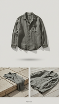 Moss grey linen overshirt, sleeve draped over edge). Backgrounds use Porcelain or Stone Beige tones for clarity without...