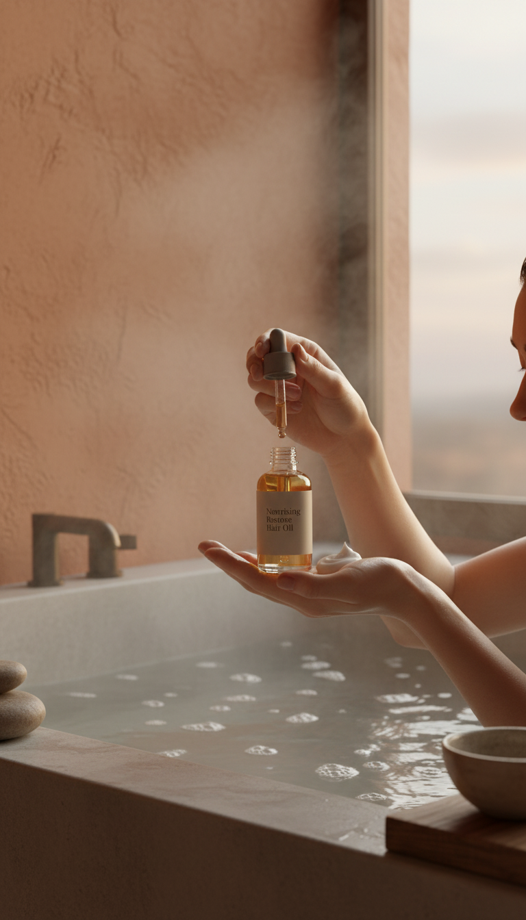 Nourishing Restore Hair Oil Glass Bottle in use
