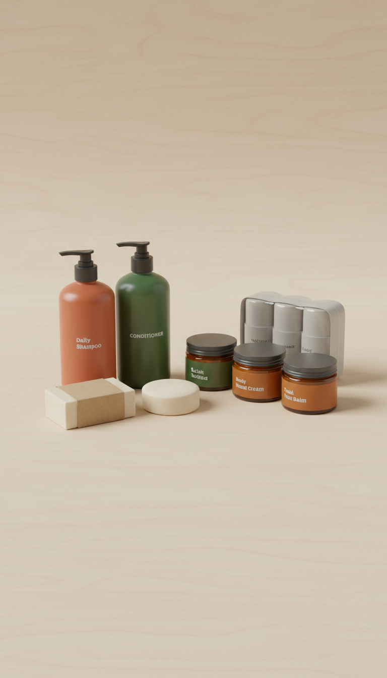 Personal care basics bundle, Products photographed at a gentle 3/4 angle on matte neutral backgrounds (Soft Sand or subtle...