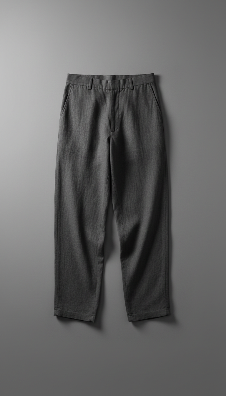Graphite shadow loose-fit linen pants, Default: 3/4 angle on body form or model, garments arranged to highlight layering...