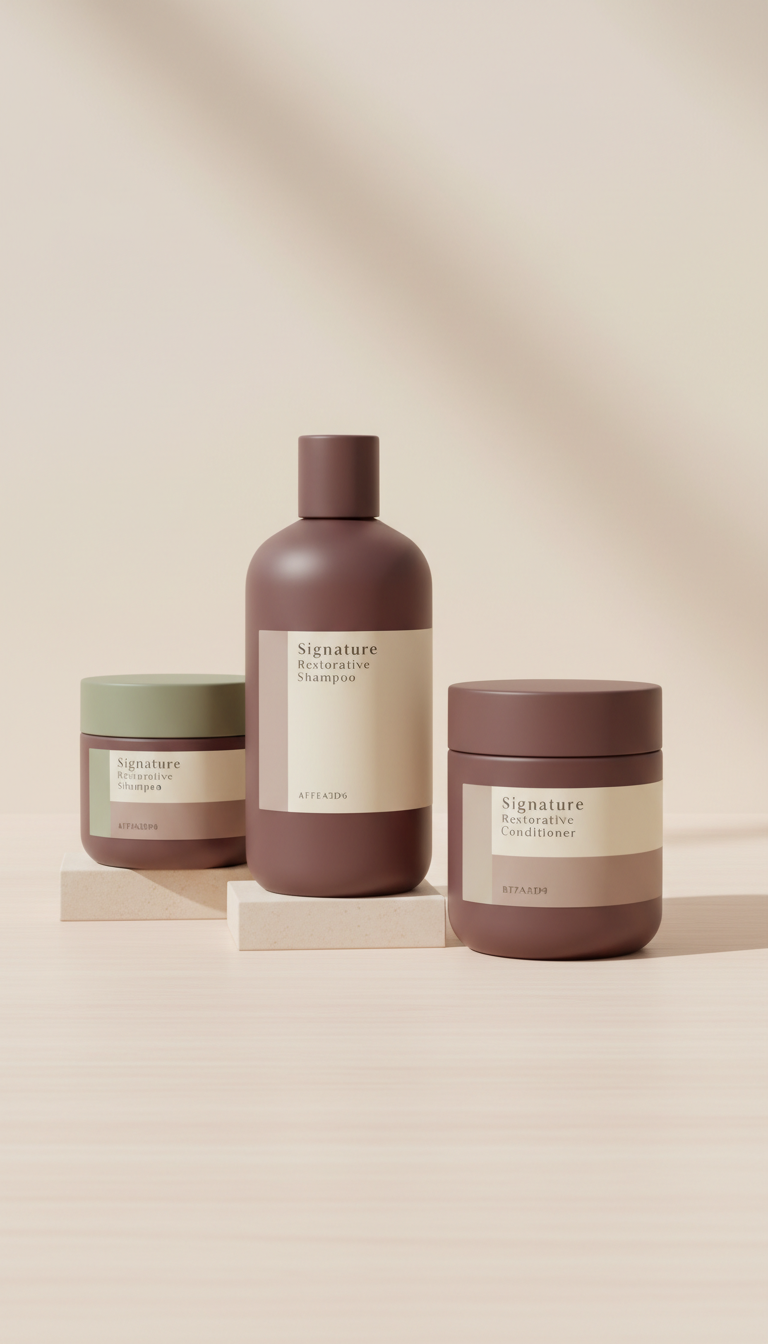 Signature restorative shampoo and conditioner set, Product arrangements are clean and intentional—three-quarter angles on...