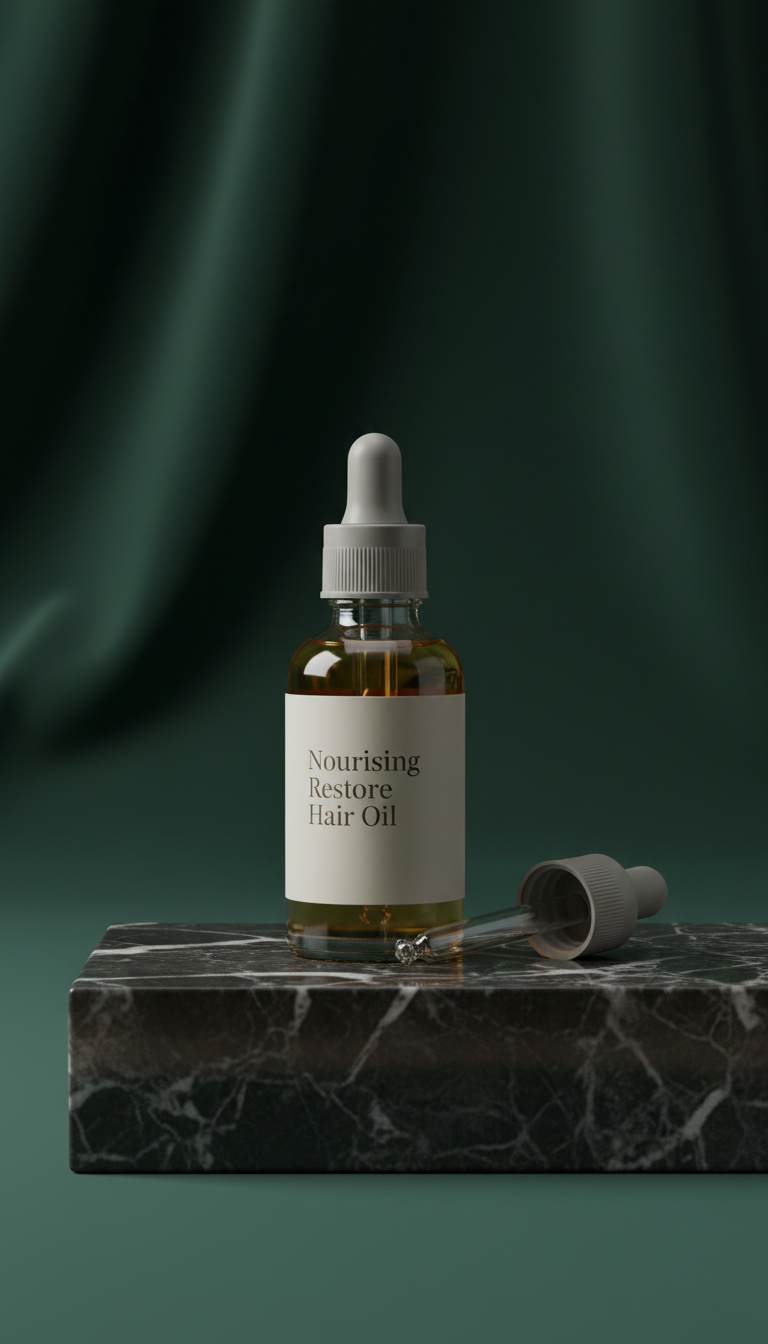 Nourishing Restore Hair Oil Glass Bottle in a new setting