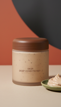 Papaya & Cacao Deep Conditioner jar, Default: 3/4 angle hero shot showing jar label and distinctive cap design, cream...