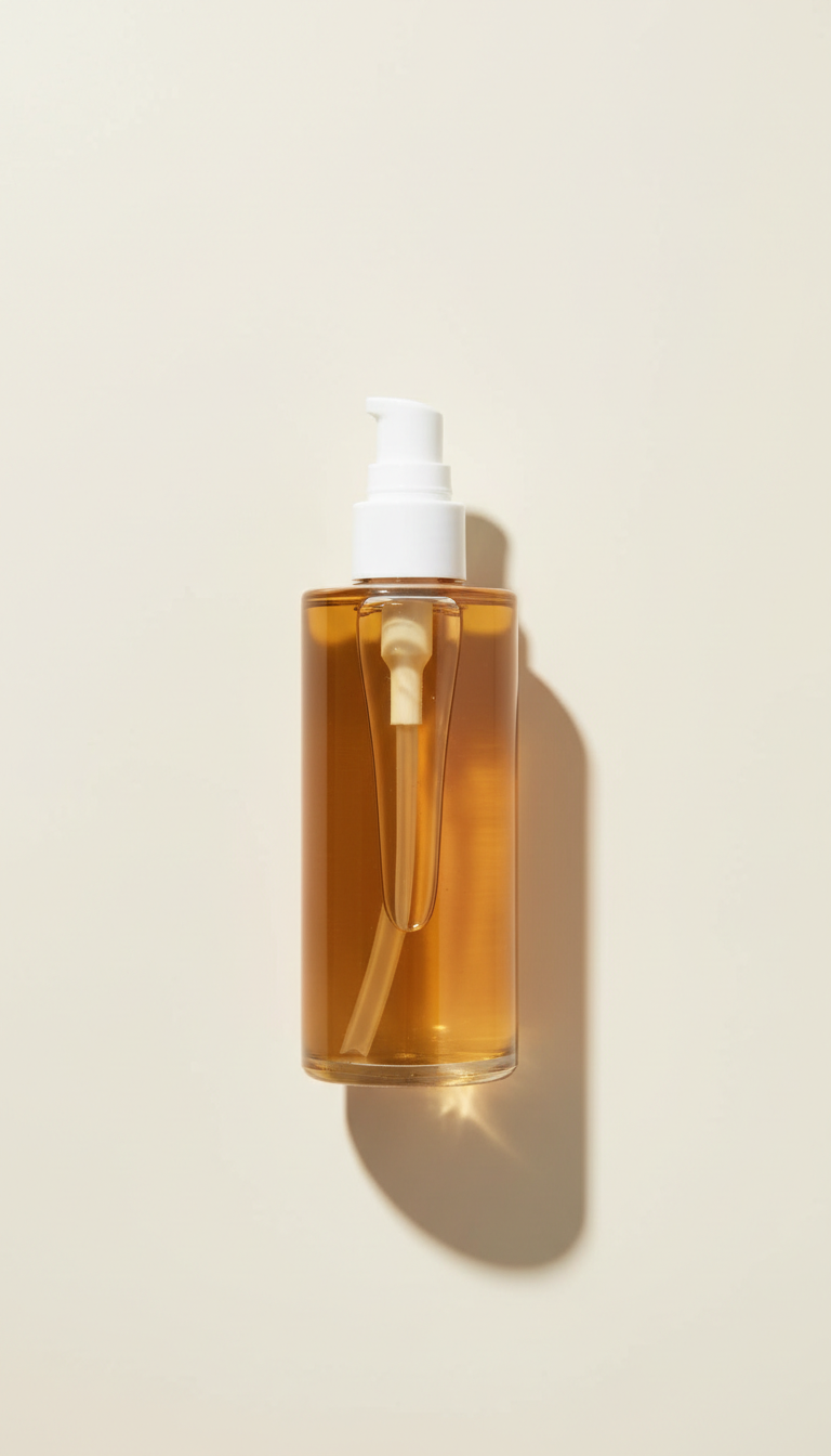 Sandalwood & Cedar Aromatic Body Oil, Hero product shots at a gentle 3/4 angle on textural stone or linen surfaces;...