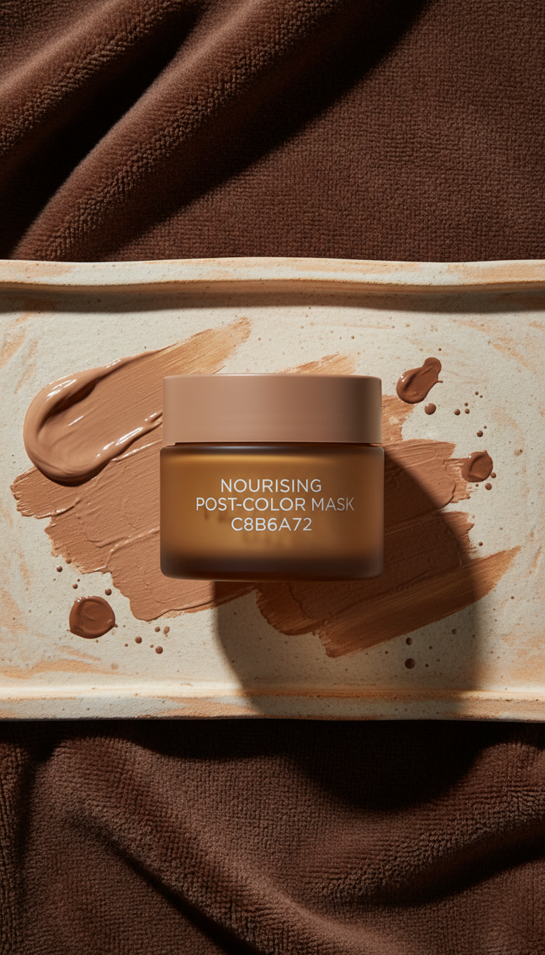 Nourishing Post-Color Mask, Hero angle: 45-degree (3/4) close-up showcasing packaging and color product with tactile...