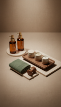 Signature aftercare kit, Showcase products at a refined 3/4 angle on polished walnut or sandstone backdrops. Arrange in...