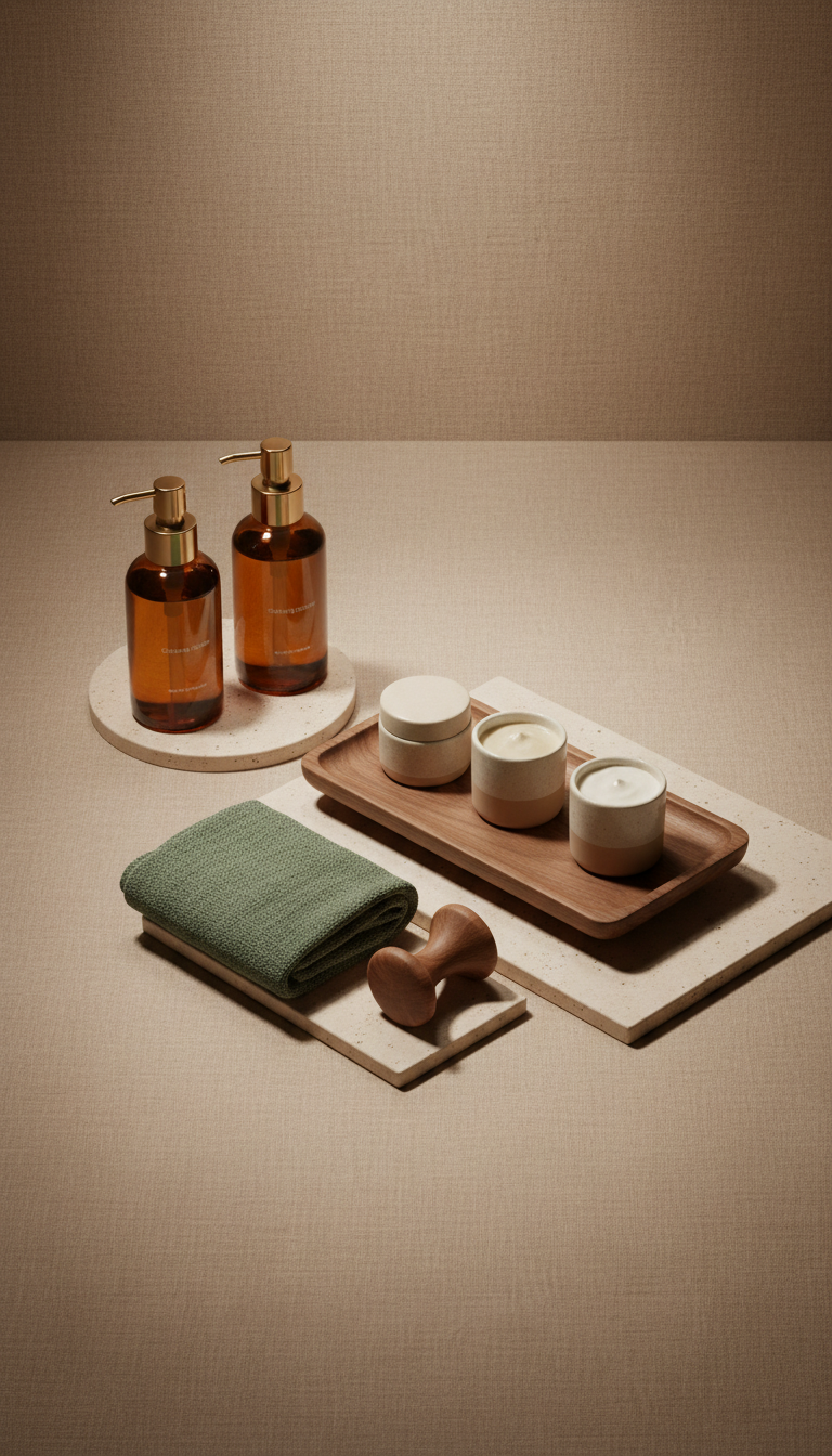 Signature aftercare kit, Showcase products at a refined 3/4 angle on polished walnut or sandstone backdrops. Arrange in...