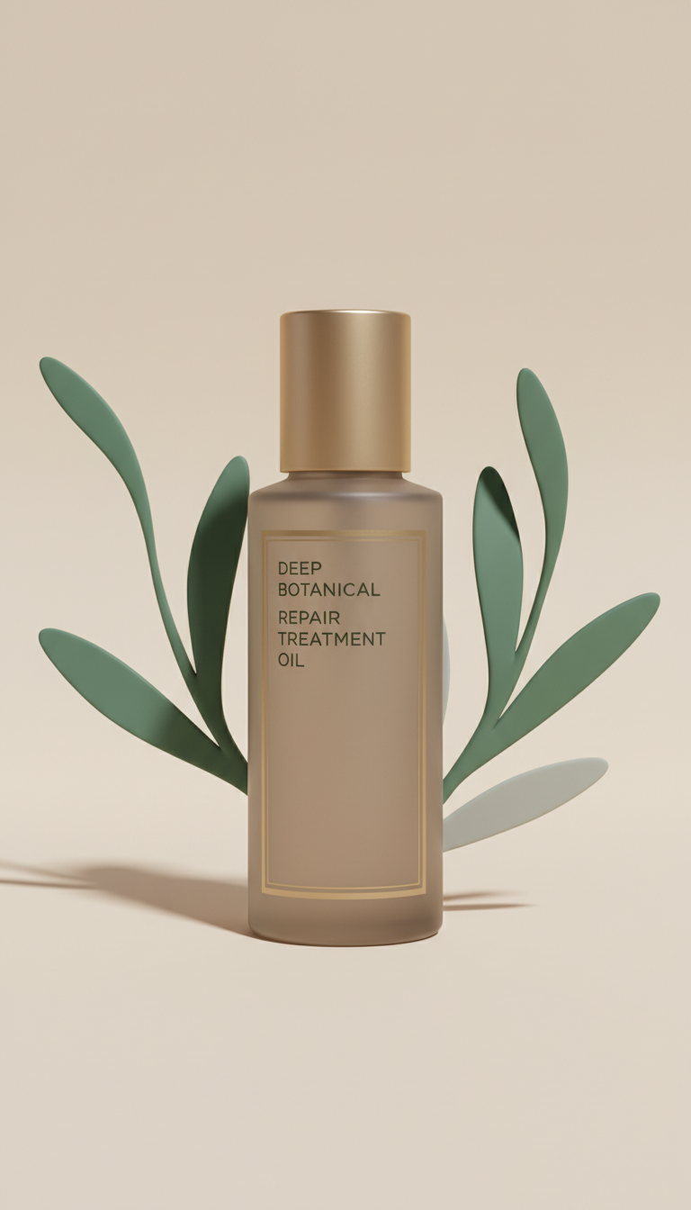 Deep Botanical Repair Treatment Oil, 3/4 angle hero shot that showcases both front label and elegant packaging profile....