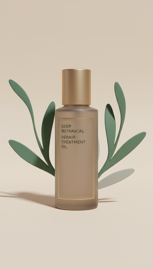 Deep Botanical Repair Treatment Oil, 3/4 angle hero shot that showcases both front label and elegant packaging profile....