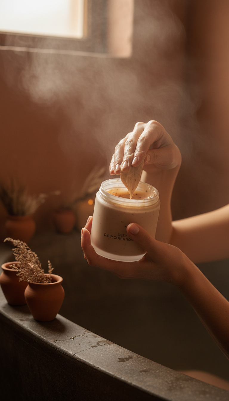 Papaya & Cacao Deep Conditioner in use